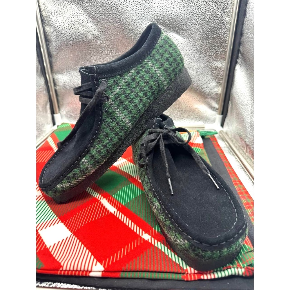 Clarks Originals Wallabee Shoes Mens 10 Green Wool Houndstooth Plaid Tweed
